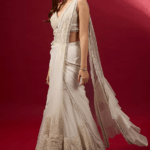 Ivory Georgette & Organza Applique Embroidered Draped Saree Set