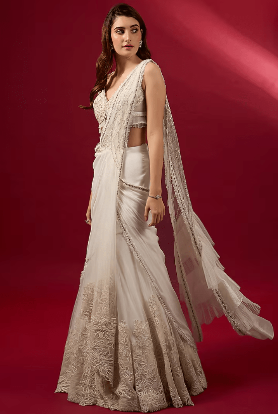Ivory Georgette & Organza Applique Embroidered Draped Saree Set