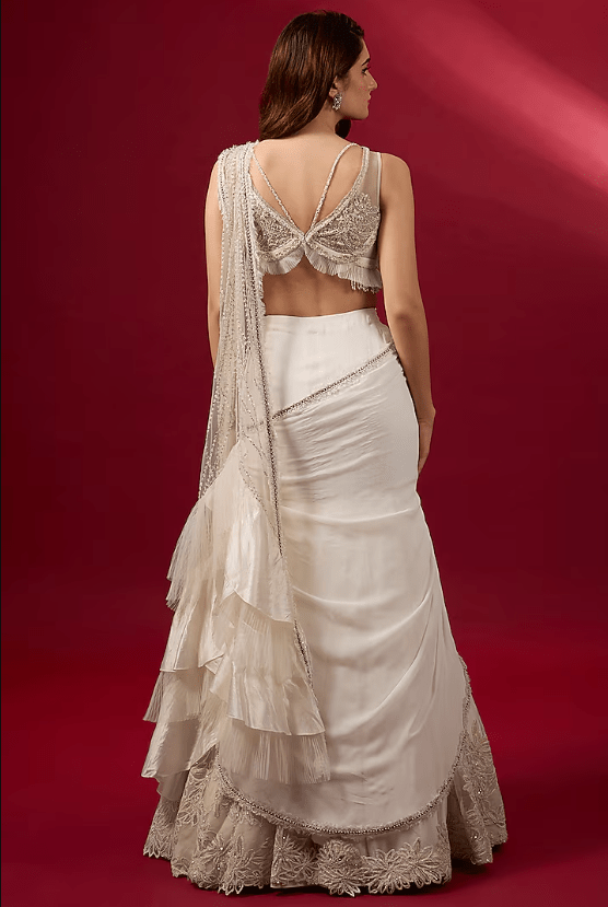 Ivory Georgette & Organza Applique Embroidered Draped Saree Set - Image 2
