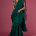 Emerald Green Chiffon Organza Draped Saree Set