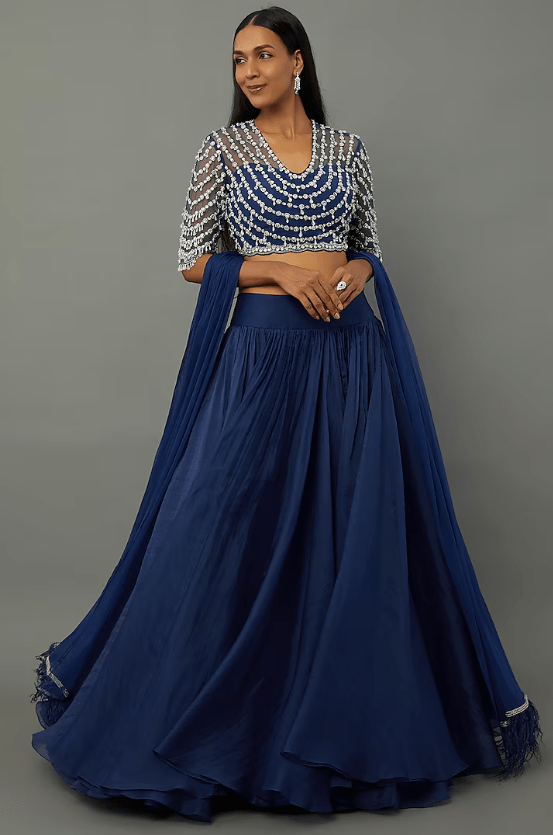 Navy Blue Chiffon Lehenga Set