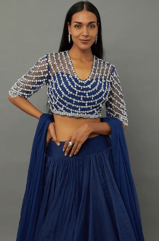Navy Blue Chiffon Lehenga Set - Image 3
