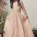 Peach Net Sequins Embroidered Gown For Girls