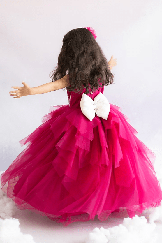 Magenta Pink Tulle Hand Embroidered Layered Gown For Girls - Image 2