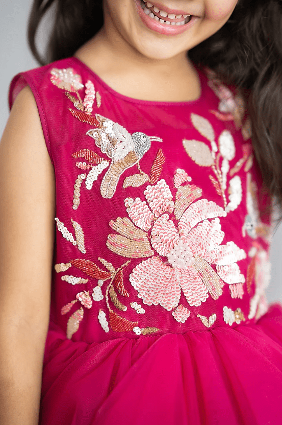 Magenta Pink Tulle Hand Embroidered Layered Gown For Girls - Image 3