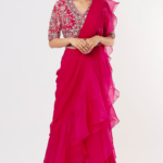 Deep Fuchsia Chiffon Draped Ruffled Saree Set