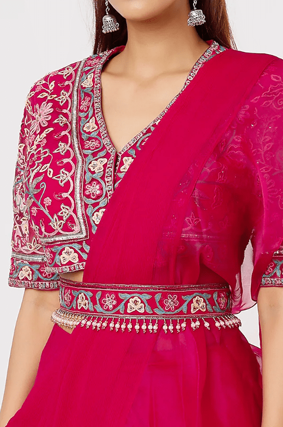 Deep Fuchsia Chiffon Draped Ruffled Saree Set - Image 3