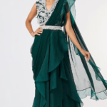 Green Chiffon Organza Draped Saree Set