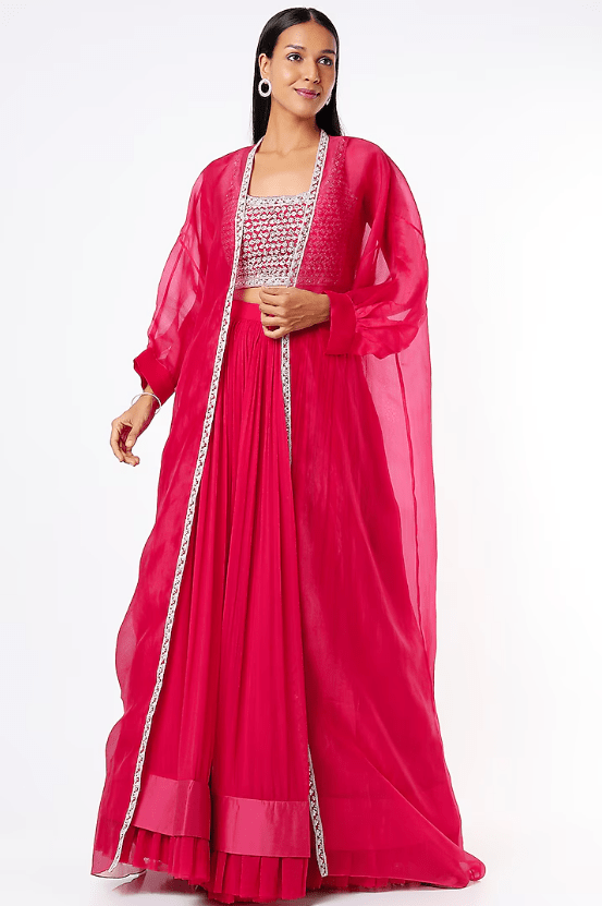 Bright Red Chiffon & Organza Jacket Lehenga Set