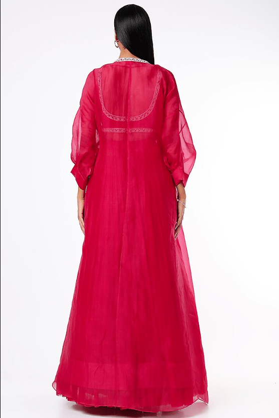 Bright Red Chiffon & Organza Jacket Lehenga Set - Image 2