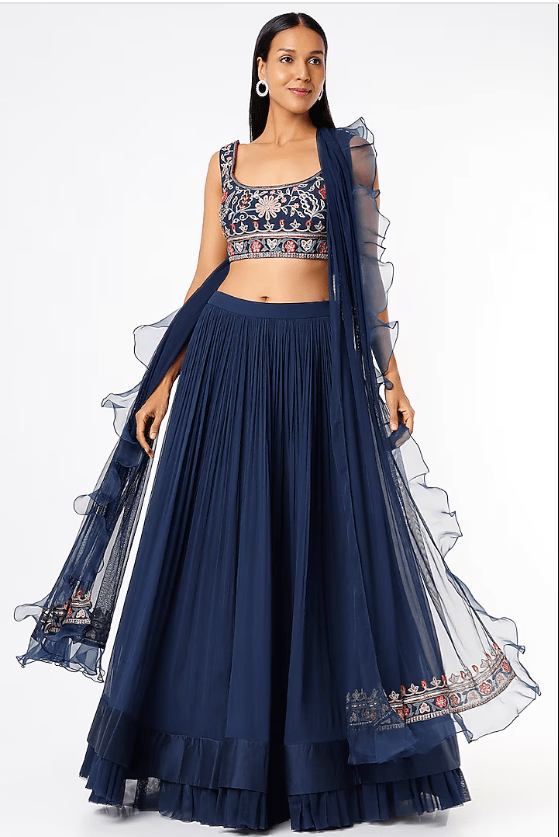 Navy Blue Chiffon Ruched Lehenga Set