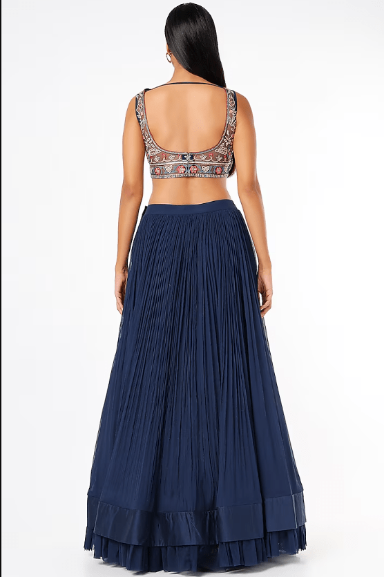 Navy Blue Chiffon Ruched Lehenga Set - Image 2