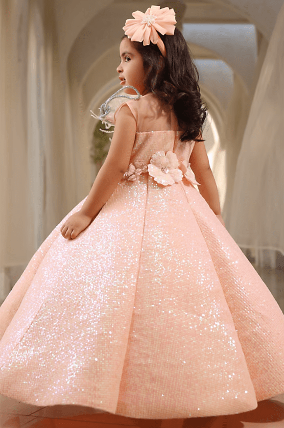 Peach Net Sequins Embroidered Gown For Girls - Image 2