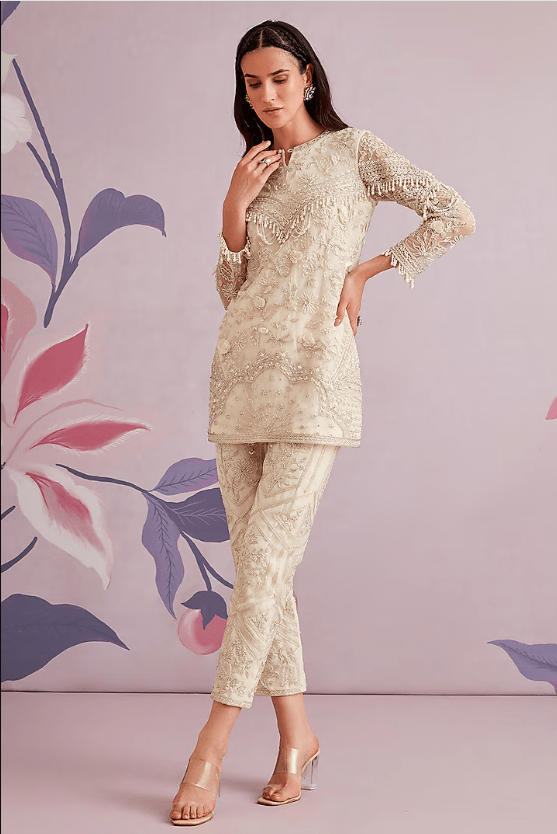 Ivory Net Embroidered Kurta Set