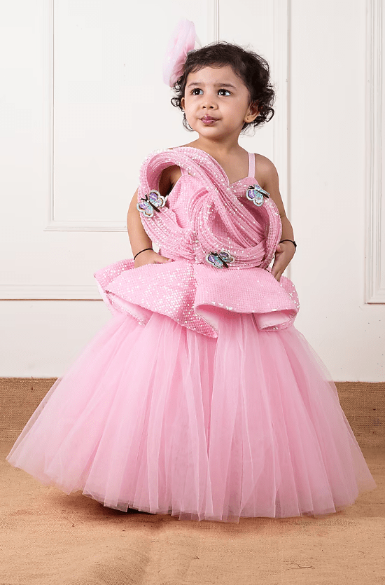 Pink Dupion & Net Draped Gown For Girls