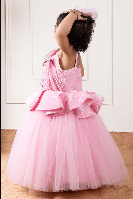 Pink Dupion & Net Draped Gown For Girls - Image 2