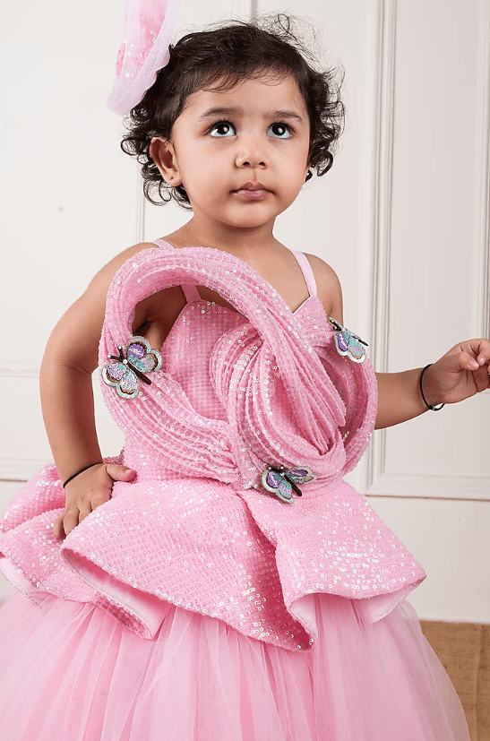Pink Dupion & Net Draped Gown For Girls - Image 3