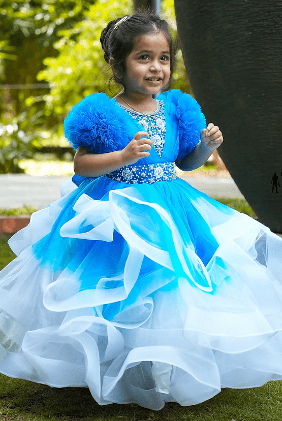 Sea Blue Net Bead Embroidered Gown For Girls