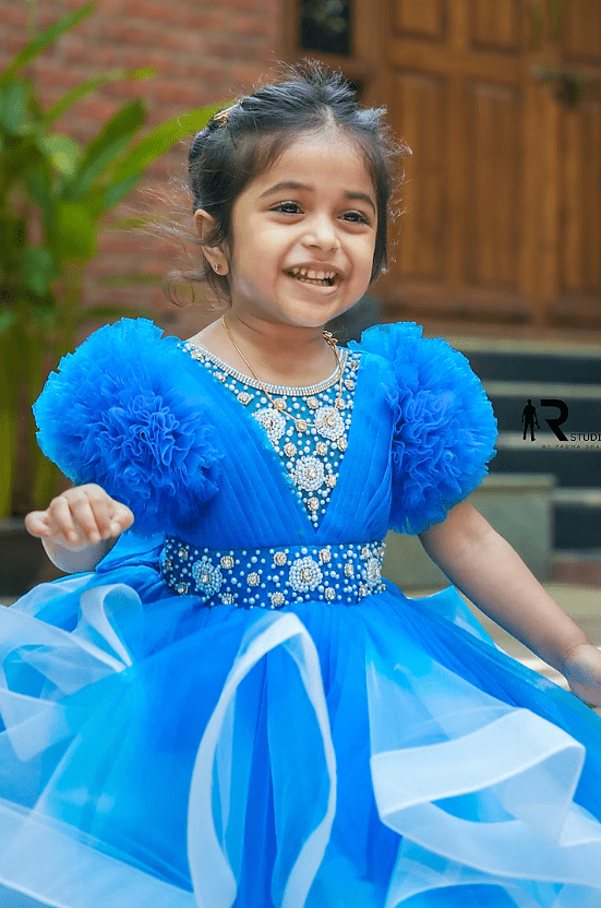 Sea Blue Net Bead Embroidered Gown For Girls - Image 3
