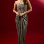 Grey Metallic Foil Chiffon Embellished Gown Saree