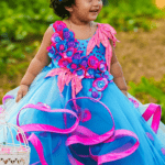 Sky Blue Net & Satin Floral Embroidered Gown For Girls