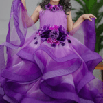 Purple Net & Satin Floral Embroidered Ombre Gown For Girls