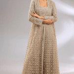 Champagne Net Floral Embroidered Jacket Set