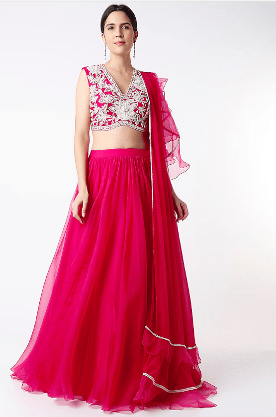 Fiery Red Chiffon Ruched Lehenga Set