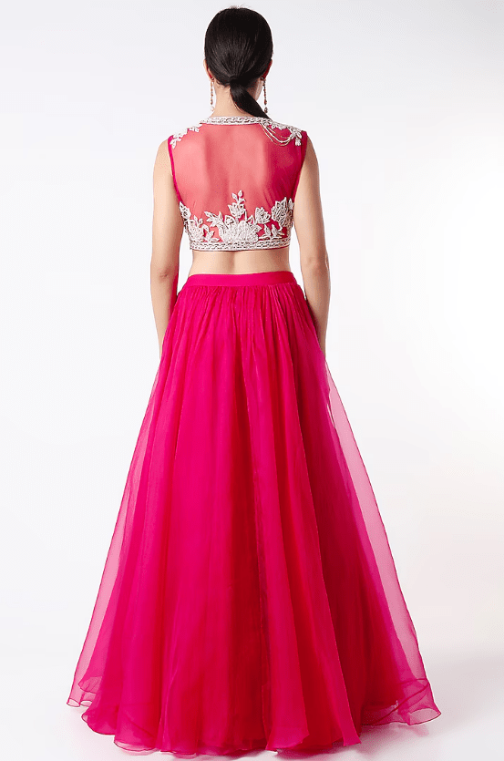 Fiery Red Chiffon Ruched Lehenga Set - Image 2