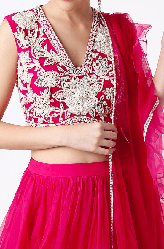 Fiery Red Chiffon Ruched Lehenga Set - Image 4