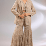 Champagne Net Floral Embroidered Jacket Set