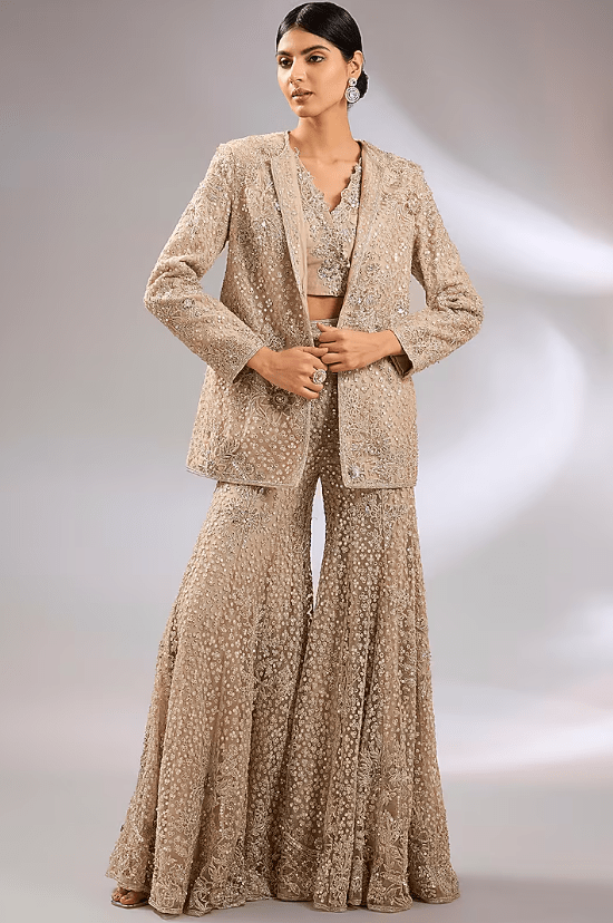 Champagne Net Floral Embroidered Jacket Set