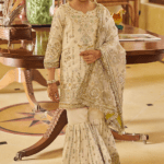 Cream Silk Zari & Sequins Embroidered Gharara Set For Girls