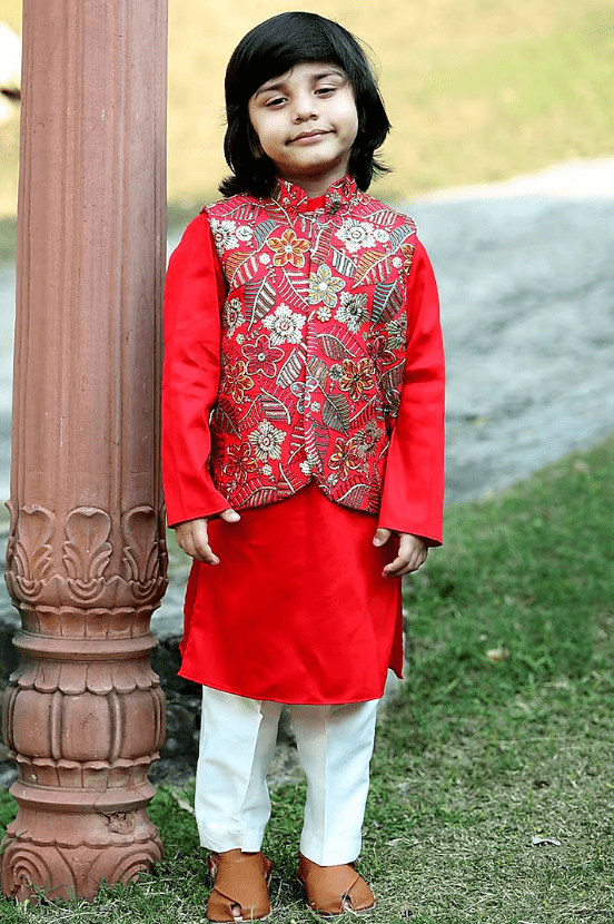 Red Silk Thread Work Bundi Jacket Set For Boys