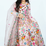 Multi-Colored Organza Floral Embroidered Lehenga Set For Girls