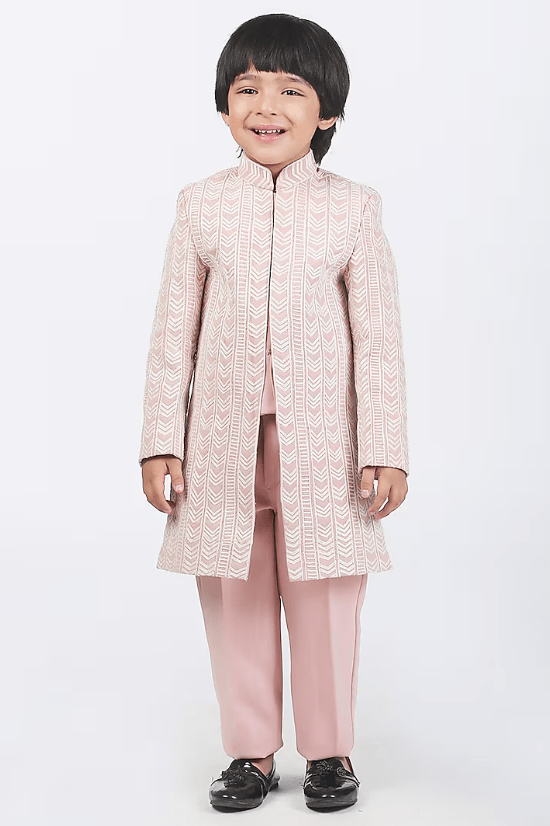 Pale Pink Suiting Dori Embellished Sherwani Set For Boys