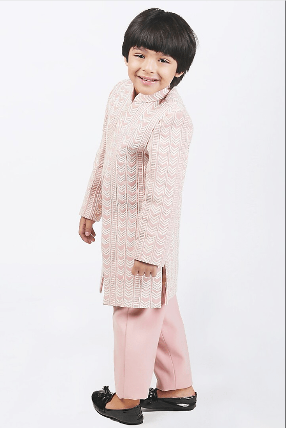 Pale Pink Suiting Dori Embellished Sherwani Set For Boys - Image 2
