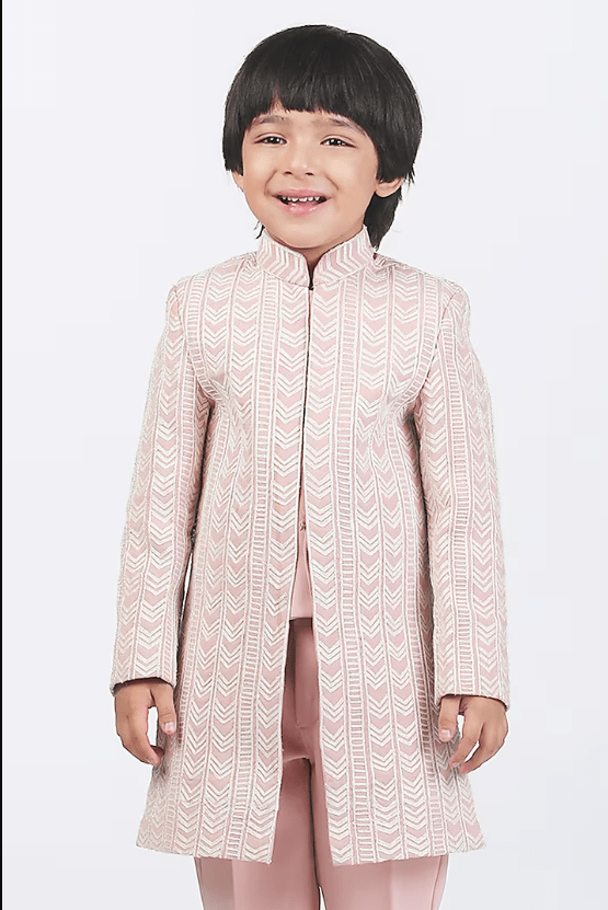 Pale Pink Suiting Dori Embellished Sherwani Set For Boys - Image 3