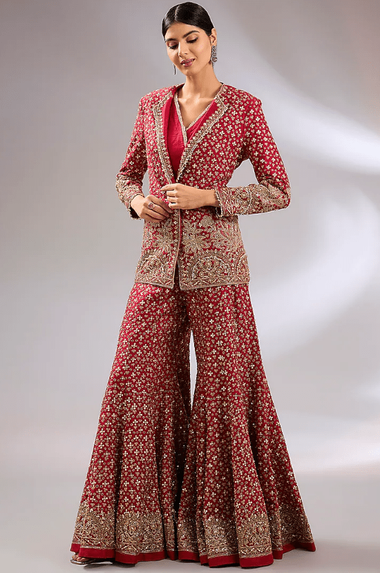 Red Raw Silk Motif Embroidered Jacket Set
