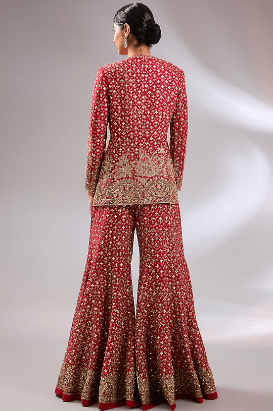 Red Raw Silk Motif Embroidered Jacket Set - Image 2
