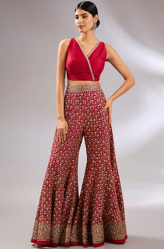 Red Raw Silk Motif Embroidered Jacket Set - Image 3