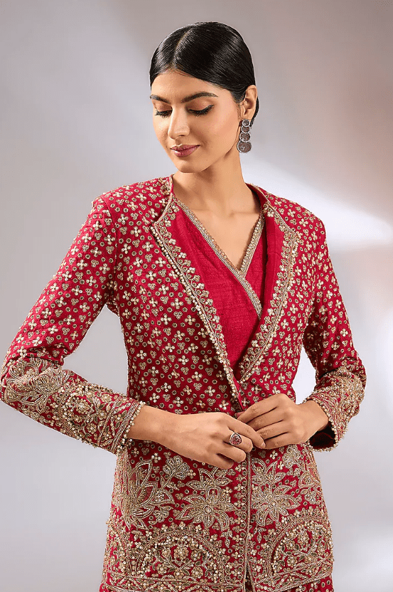 Red Raw Silk Motif Embroidered Jacket Set - Image 5