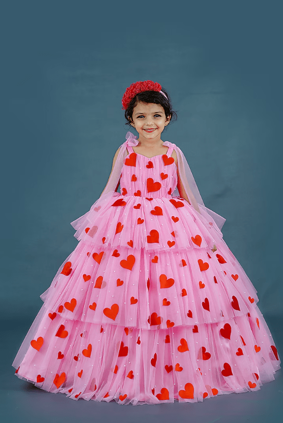 Pastel Pink Net & Satin Embellished Layered Gown For Girls