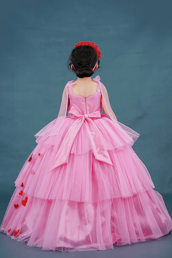 Pastel Pink Net & Satin Embellished Layered Gown For Girls - Image 2