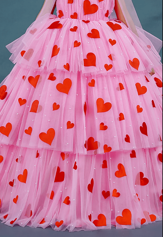 Pastel Pink Net & Satin Embellished Layered Gown For Girls - Image 3