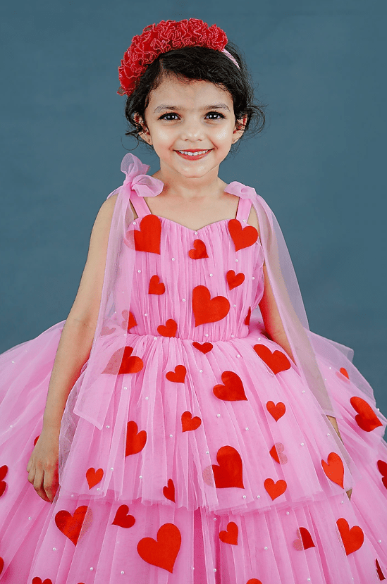 Pastel Pink Net & Satin Embellished Layered Gown For Girls - Image 4