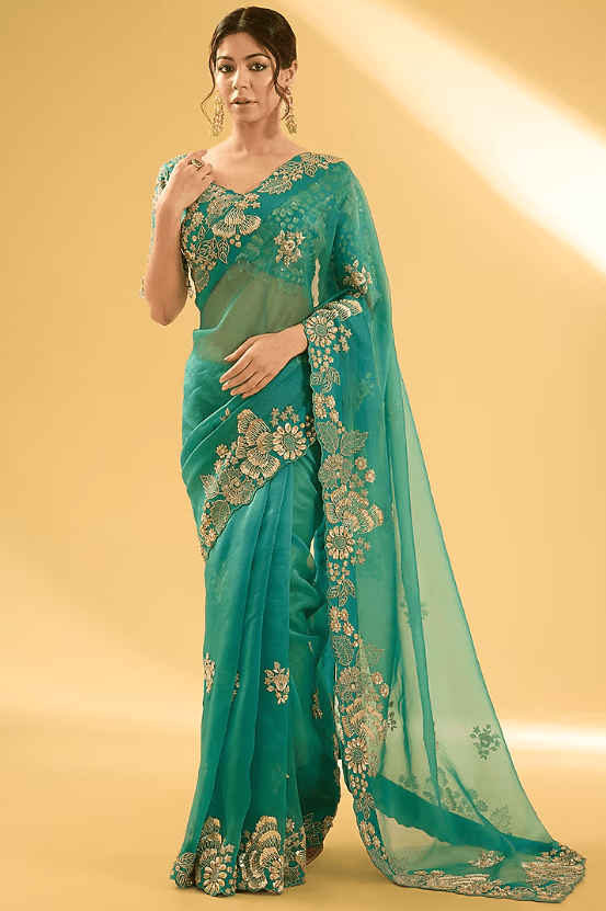 Sea Blue Organza Sequins Work Saree Set