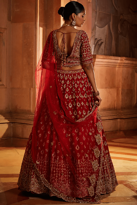 Blood Red Raw Silk Zari Embroidered Lehenga Set - Image 2