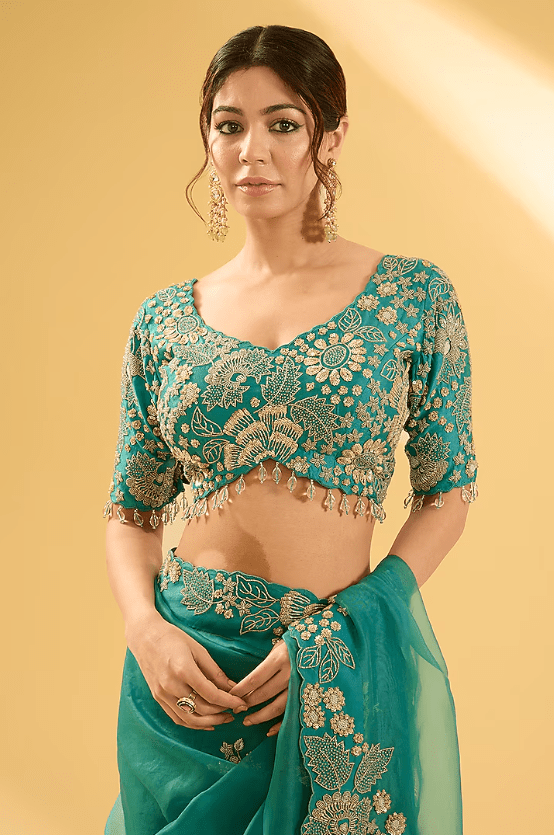 Sea Blue Organza Sequins Work Saree Set - Image 3