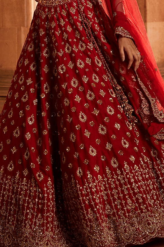 Blood Red Raw Silk Zari Embroidered Lehenga Set - Image 3